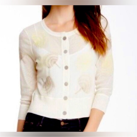 Nic + Zoé Mesh Fan Linen Blend Trim Cardigan Petite Med - Picture 2 of 7